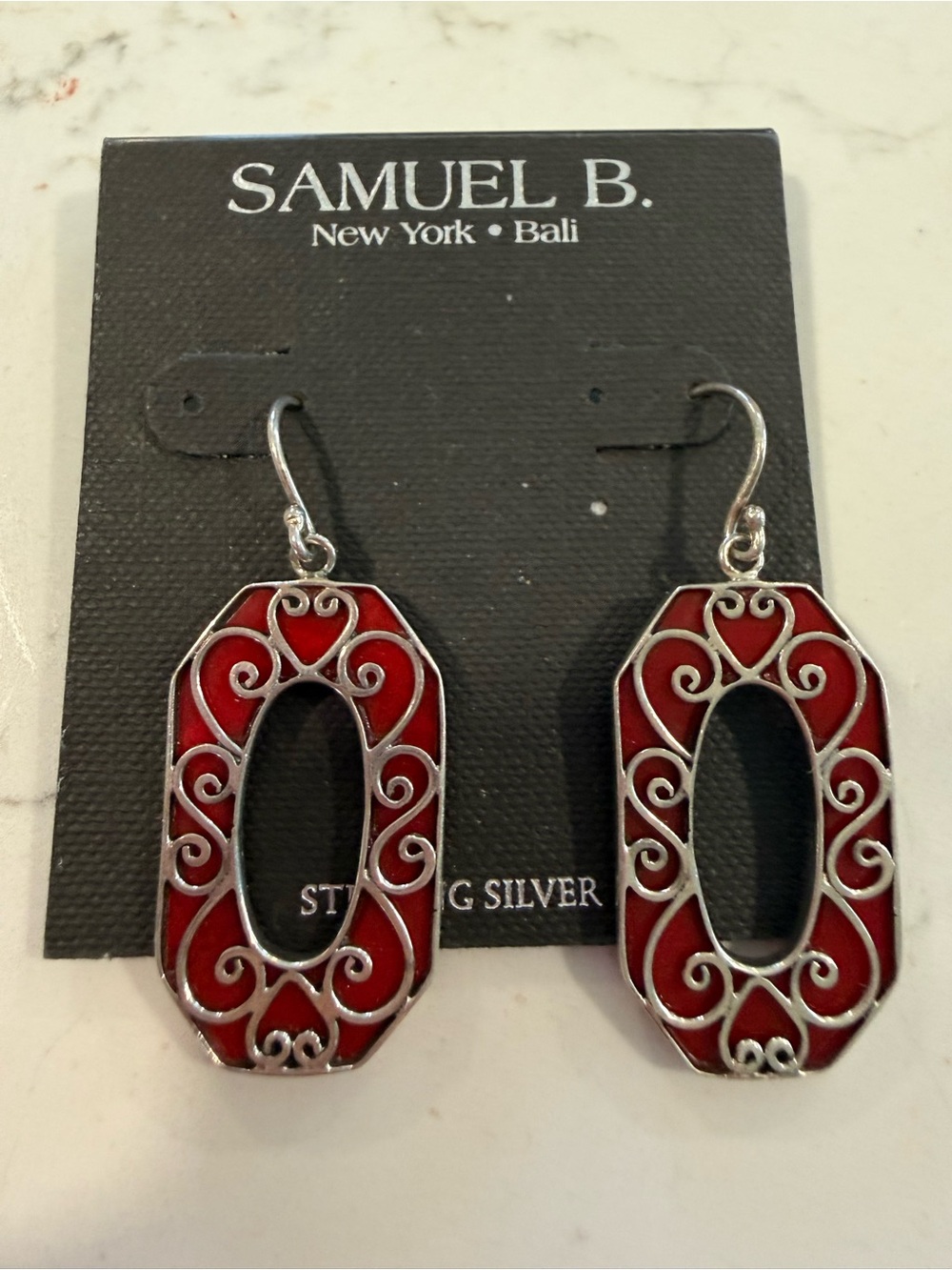 Samuel B. Red Enamel Sterling Silver Filigree Open Oval Drop Earrings